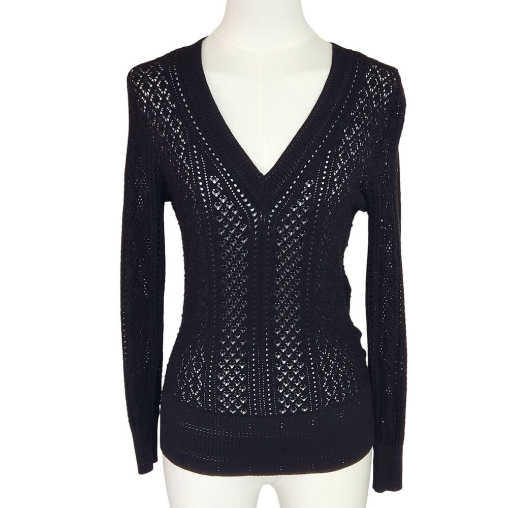 Pointelle Open Knit V-Neck Sweater Black Long Sleeve Geometric Heart Trim Small